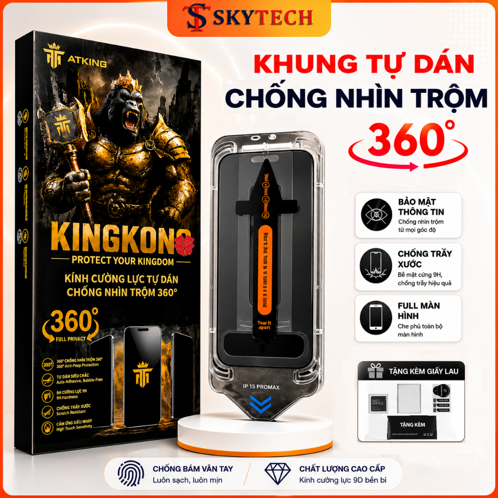 Kính Cường Lực iPhone Chống Nhìn Trộm 360° Khung Tự Dán Tự Rút Bụi Từ iPhone 12 - 17 Promax/Plus/Pro
