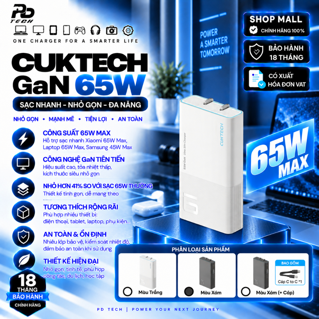 Củ Sạc Nhanh CUKTECH GaN 65W Siêu Mỏng, 2 Cổng Type-C, Chân Gập, Sạc 45W, Cho Laptop & Điện Thoại