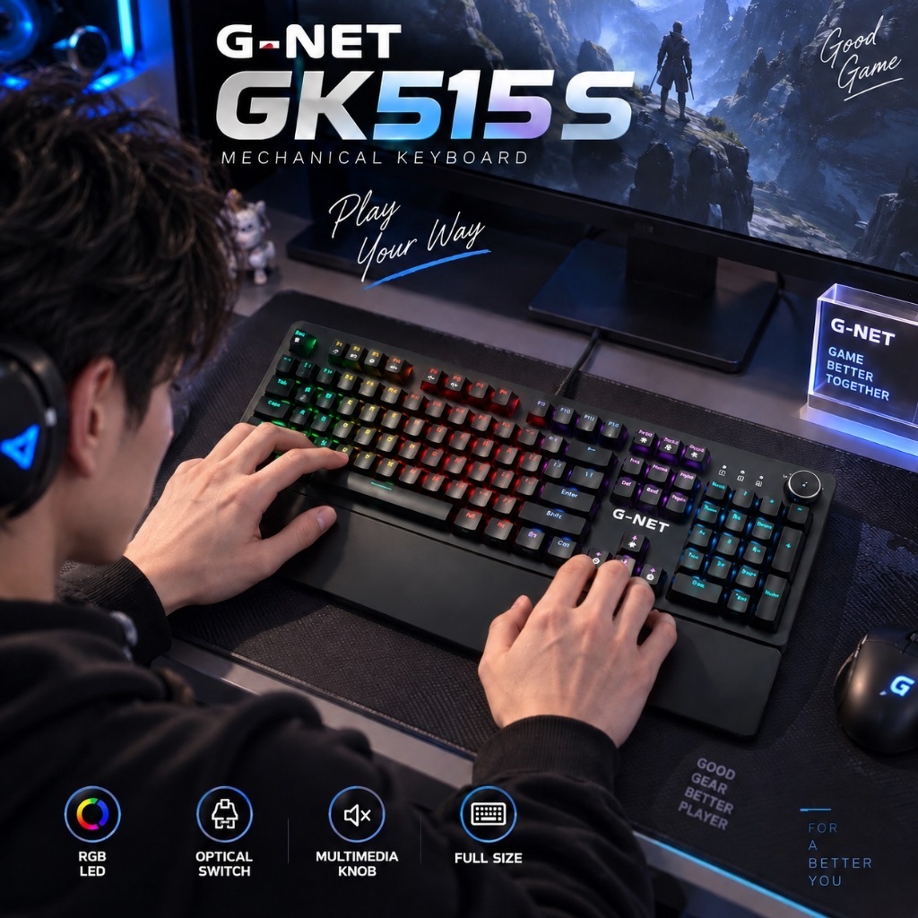 Bàn phím cơ quang G-NET GK315S RGB, switch quang cơ học, thiết kế kim loại, chống nước và có kê tay