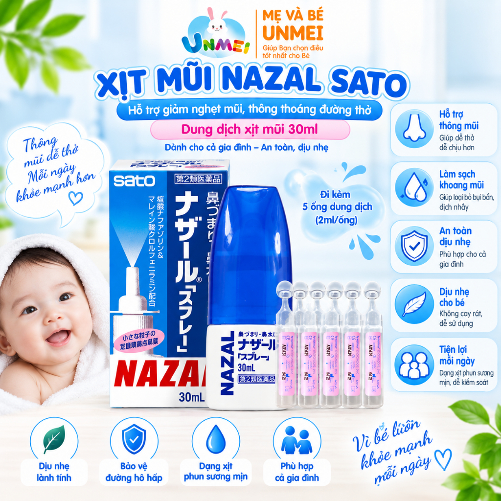 (Tặng 5 Ống Nước Muối Fysoline) Xịt xoang mũi Nazal Sato 30ml nội địa Nhật Bản