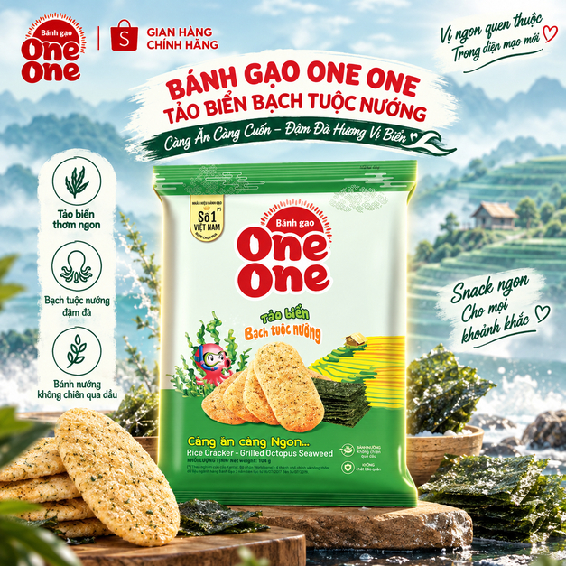 One One Bánh Gạo Vị Tảo Biển Bạch Tuộc Nướng 104g | Bánh Gạo Nướng Không Chiên | Snack Rong Biển Vị 