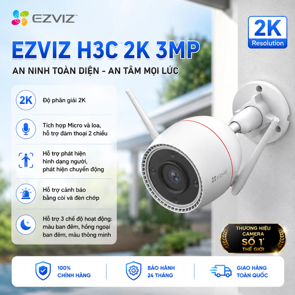 Camera Wifi ngoài trời EZVIZ H3C cố định, góc quan sát rộng độ phân giải 5MP/4MP/3MP/2MP chính hãng