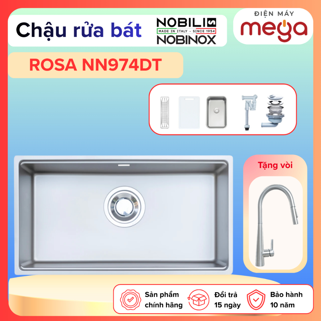 Chậu Rửa Bát 1 Hố Nobinox Rosa NN974DT Inox 304 Thiết Kế Bo Tròn Vân Siêu Mịn Chống Xước Cao Cấp