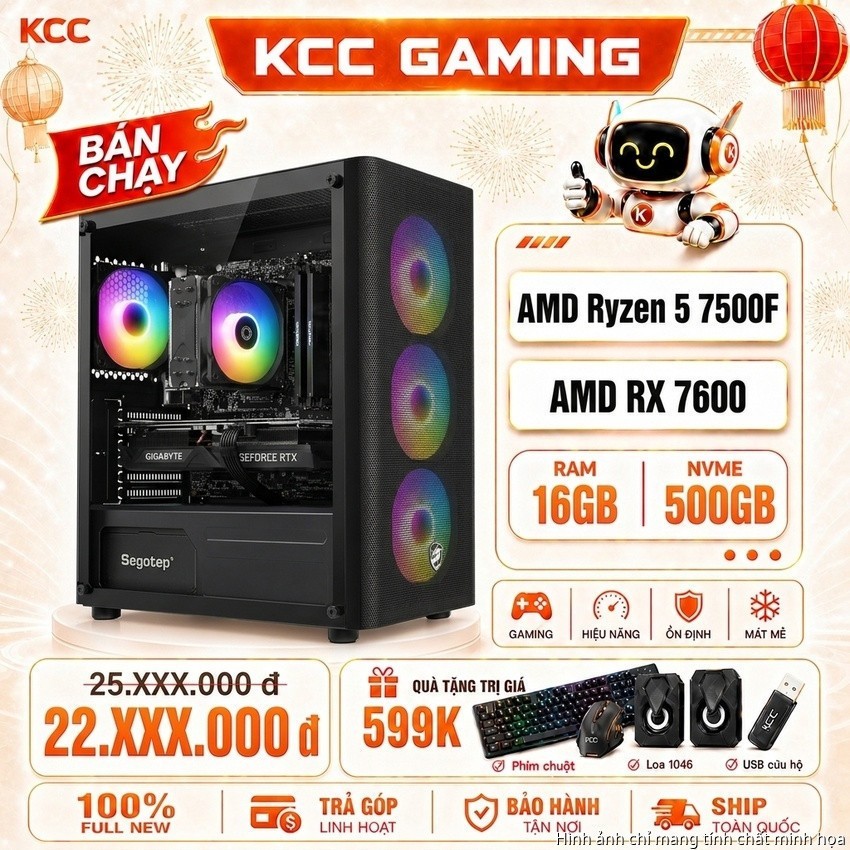 CẤU HÌNH PC GAMING AMD RYZEN 5 7500F  / VGA  | RAM 16GB DDR5 | SSD 500GB - Bảo hành 36 tháng