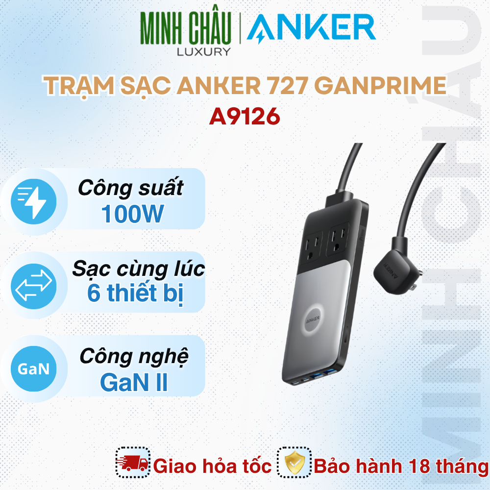 Trạm Sạc Anker 727 A9126 Prime | 100W | 6 Cổng 2 USB-C 2 USB-A 2 AC | LED Báo Hiệu | Dây 1.5M