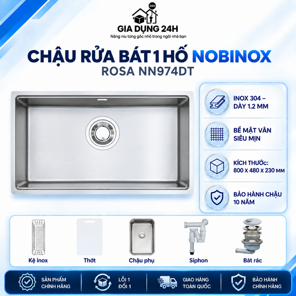 CHẬU RỬA BÁT 1 HỐ NOBINOX ROSA NN974DT | Hàng chính hãng