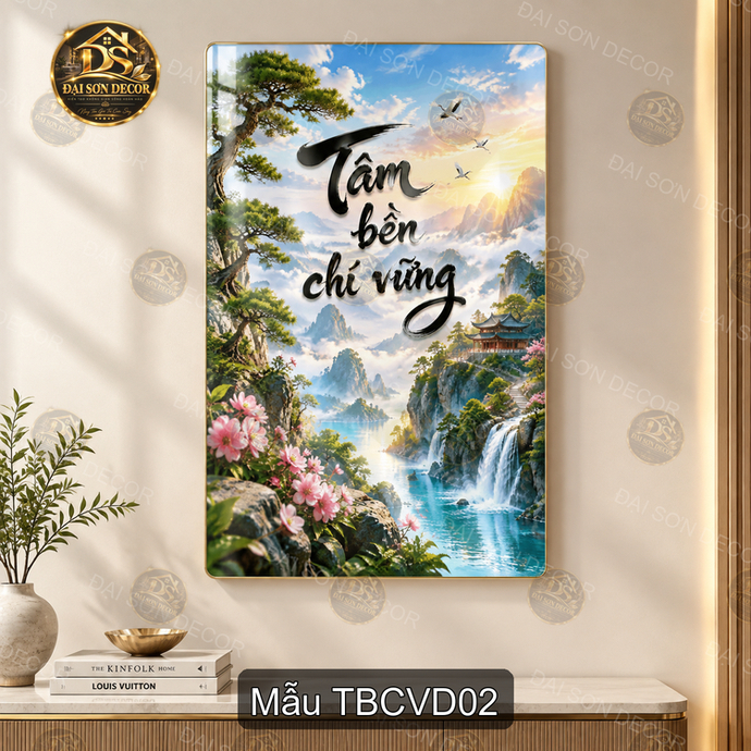 Tranh tráng gương thư pháp Tâm bền chí vững dọc, decor phòng khách và quà tặng ý nghĩa 2J9PM