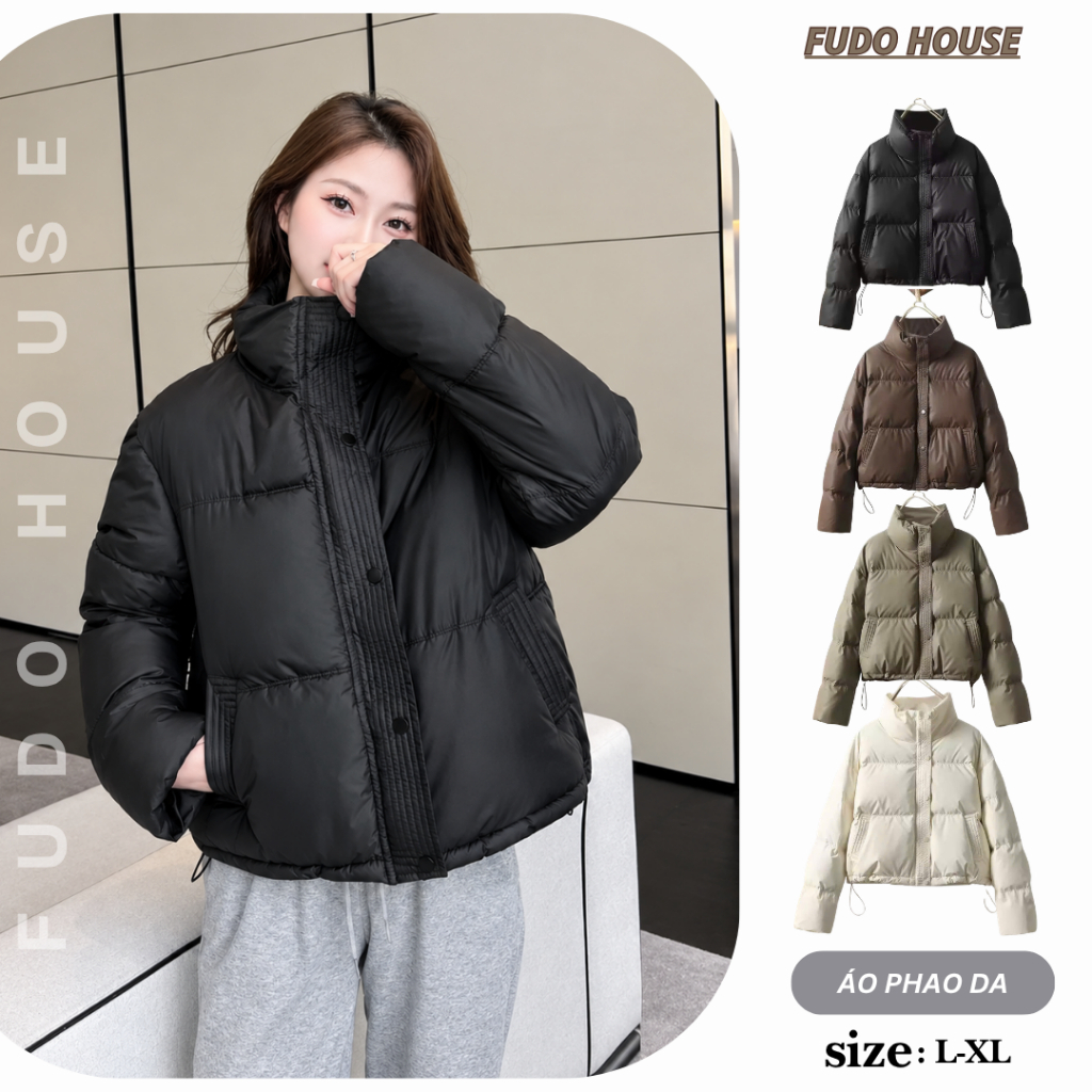 Áo Khoác Phao Da Nữ Dáng Ngắn Cổ Cao Chất Da 5 Cúc Nẹp Trần Chỉ 3 Lớp Dáng Crotop