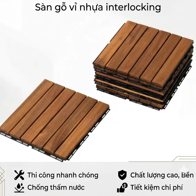Sàn gỗ ban công loại 6 nan 30x30x2cm decor nhà cửa,ban công, logia, sân vườn bể bơi chống trơn trượt