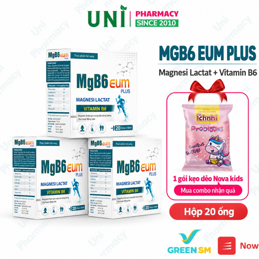 (Mua Combo 3H Tặng Quà ) Combo 3h Magie B6 EUM bổ sung magine giảm trằn trọc cho bé ống uống Hộp 20 