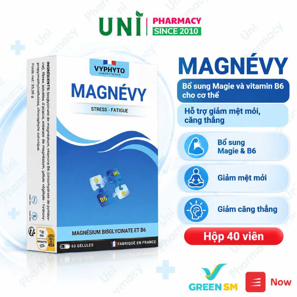 Viên Uống Magie bisglycinate MAGNEVY Bổ sung Magie và vitamin B6 cho cơ thể hộp 40 viên