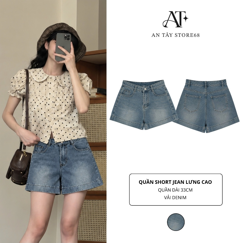 Quần Short Jean Nữ AN TÂY – Form Suông Lưng Cao, Co Giãn, Che Khuyết Điểm #7452 Màu Xanh Nhạt