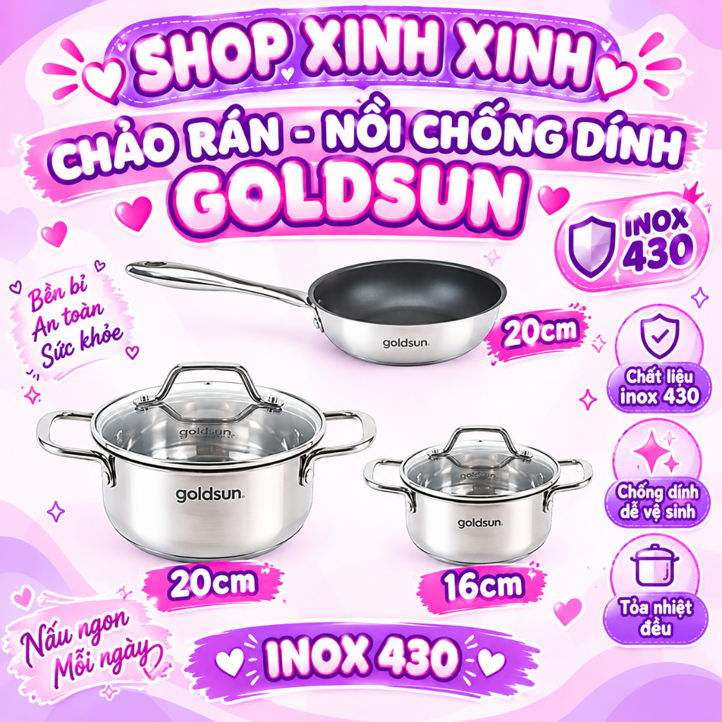 Bộ nồi chảo inox Goldsun GPS1790, 3 đáy cap cấp  đun trên TẤT CẢ CÁC LOẠI BẾP, chảo inox 316 nội địa