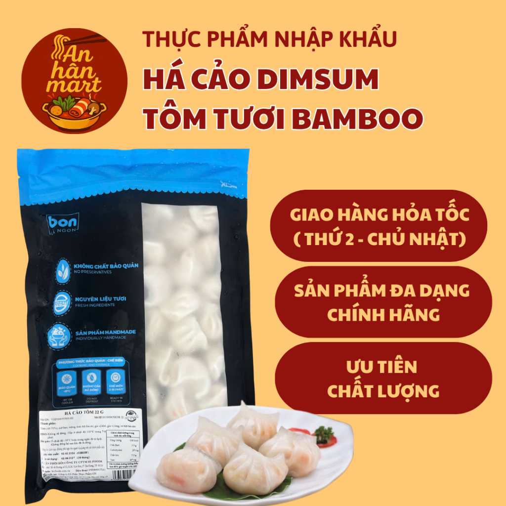 Há cảo dimsum tôm tươi Bamboo hấp nóng, thả lẩu túi 880g