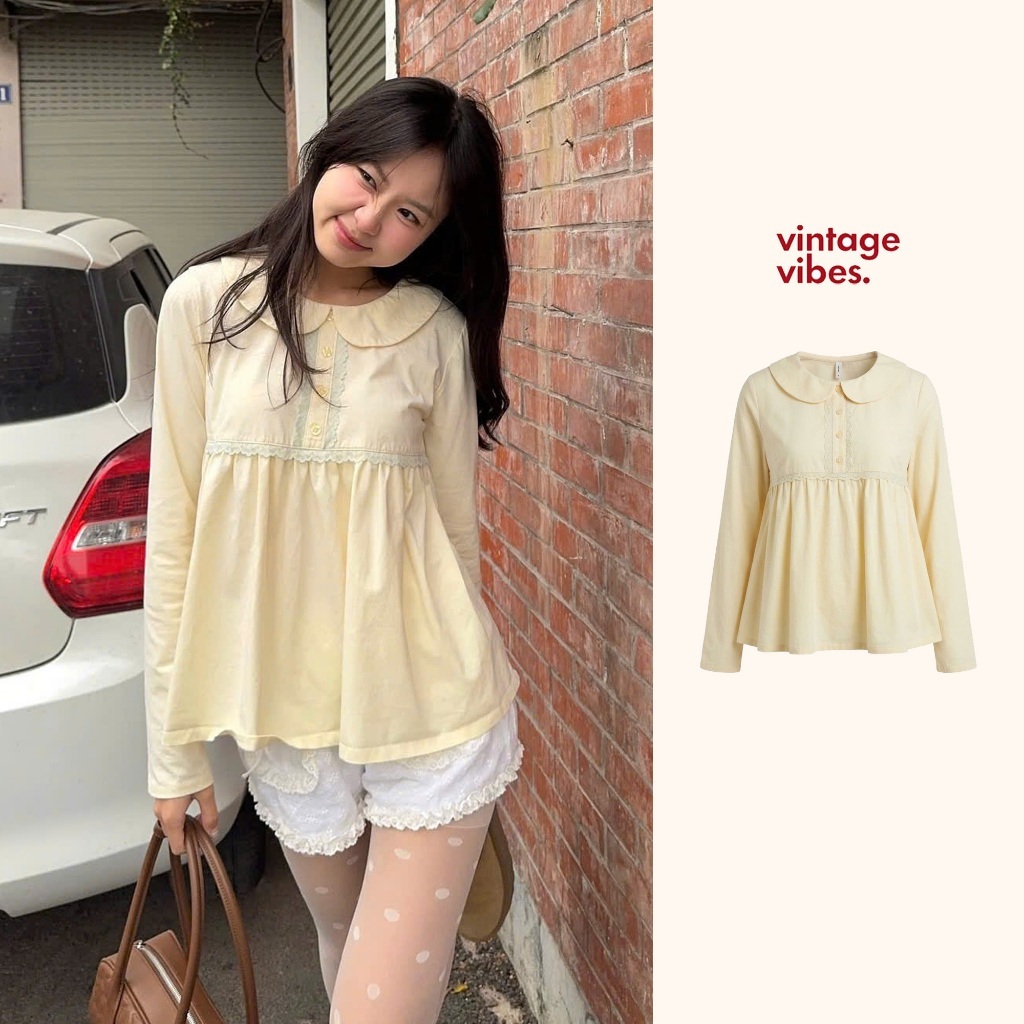 Áo babydoll cổ sen dài tay Sawako Top ୨୧ by Vintagevibes. A.3898