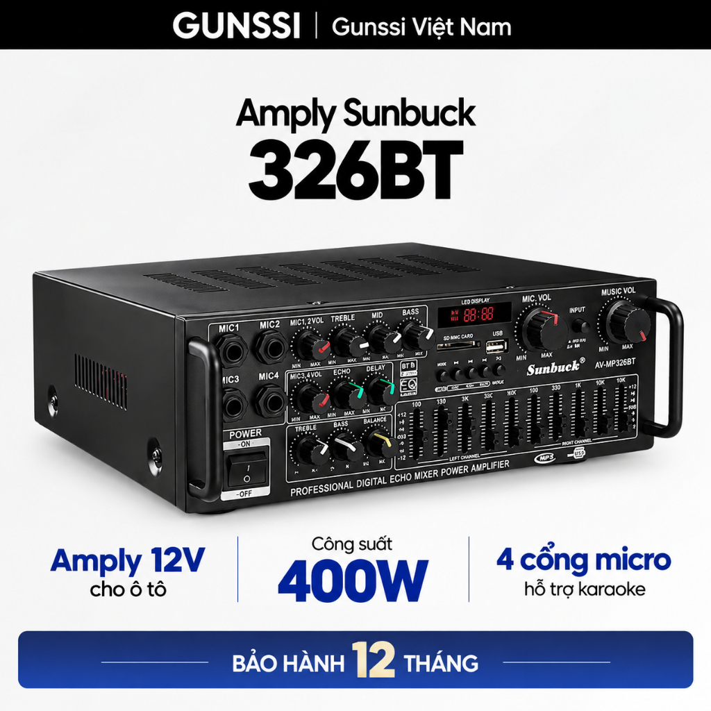 Amply Karaoke Bluetooth Gunssi Sunbuck 326BT, Âm Ly Mini Bluetooth 12V/220V Cho Gia Đình, Xe Hơi, Am