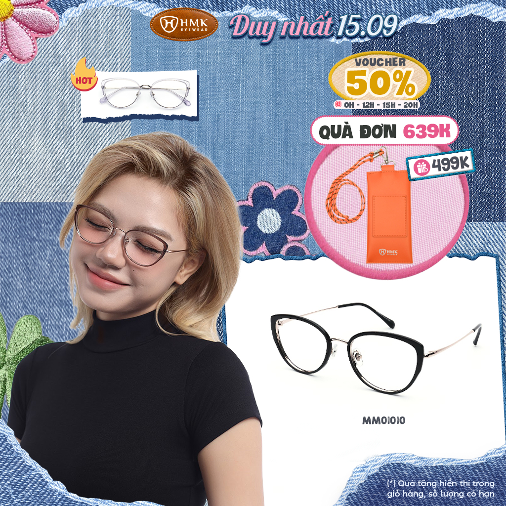 Kính Mắt Mèo Thời Trang HMK Eyewear Hàng Cao Cấp Siêu Nhẹ Hạn Chế Rỉ Sét Có Thể Thay Cận - MM01010