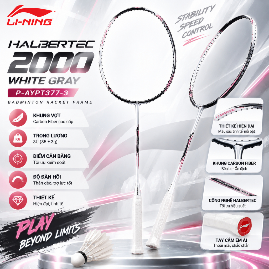 [Chính hãng] Khung vợt cầu lông HBT 2000 3U (Halbertec) White Gray - P-AYPT377-3