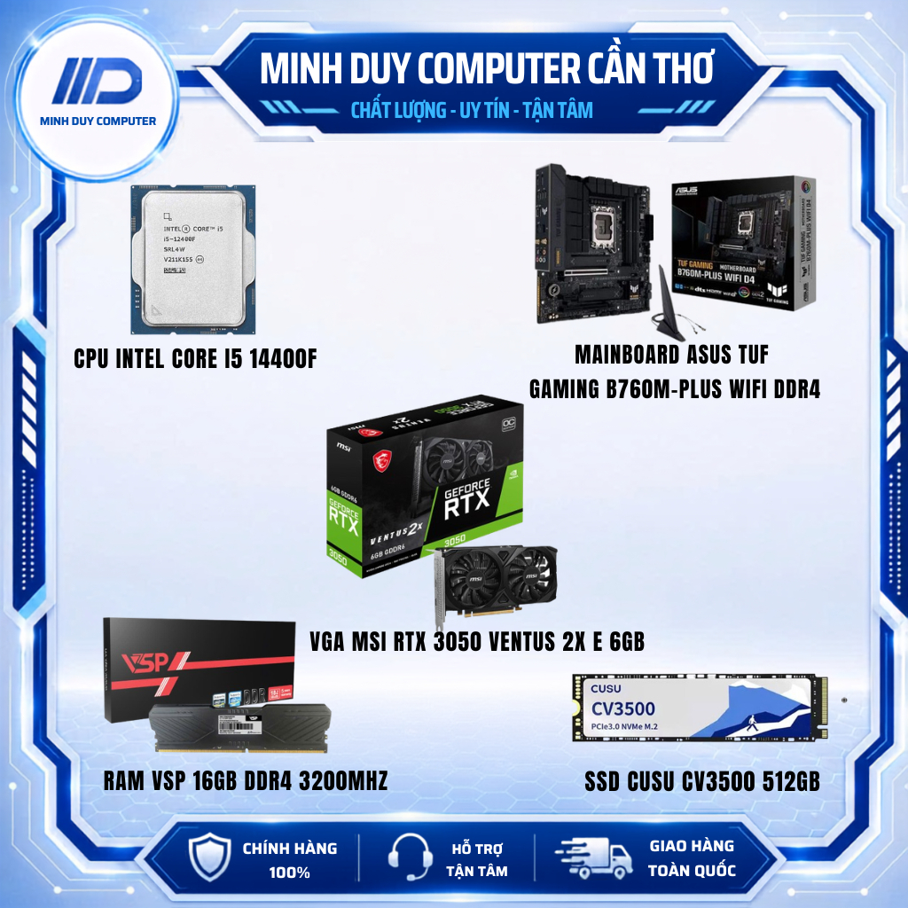 BỘ PC RTX 3050 VENTUS + I5 14400F + B750M + RAM 16GB 3200MHZ + SSD 512GB - BẢO HÀNH 3 NĂM