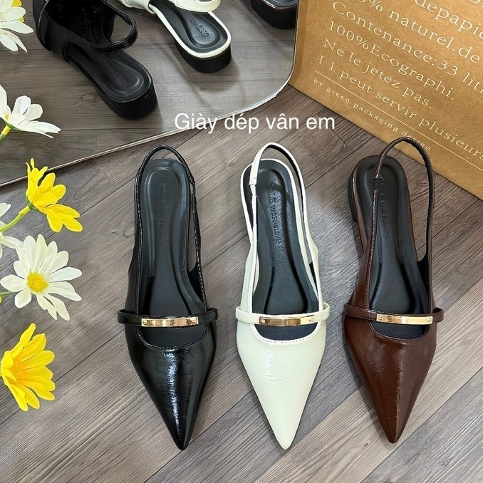 Giày Bệt Nữ Mũi Nhọn Da Lì Mềm Phối Dây Khóa Xinh Xắn (M62)