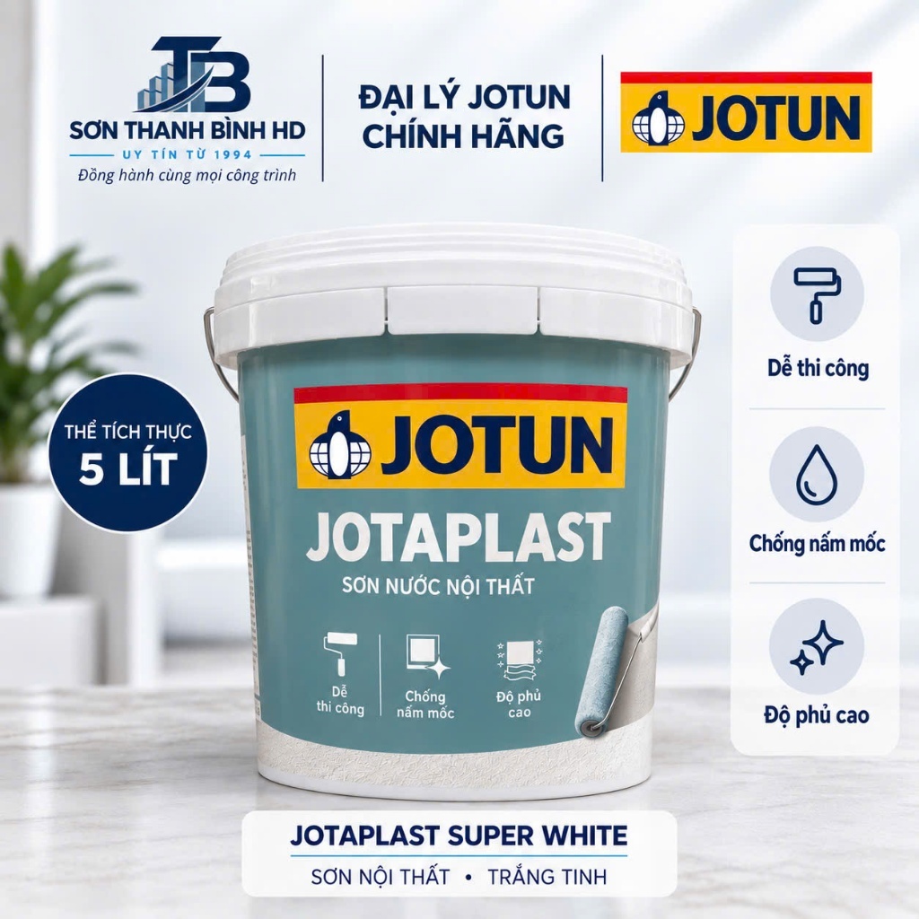 Sơn JOTUN Jotaplast Super White 5L – Sơn Phủ Nội Thất Trắng Tinh – Chính Hãng