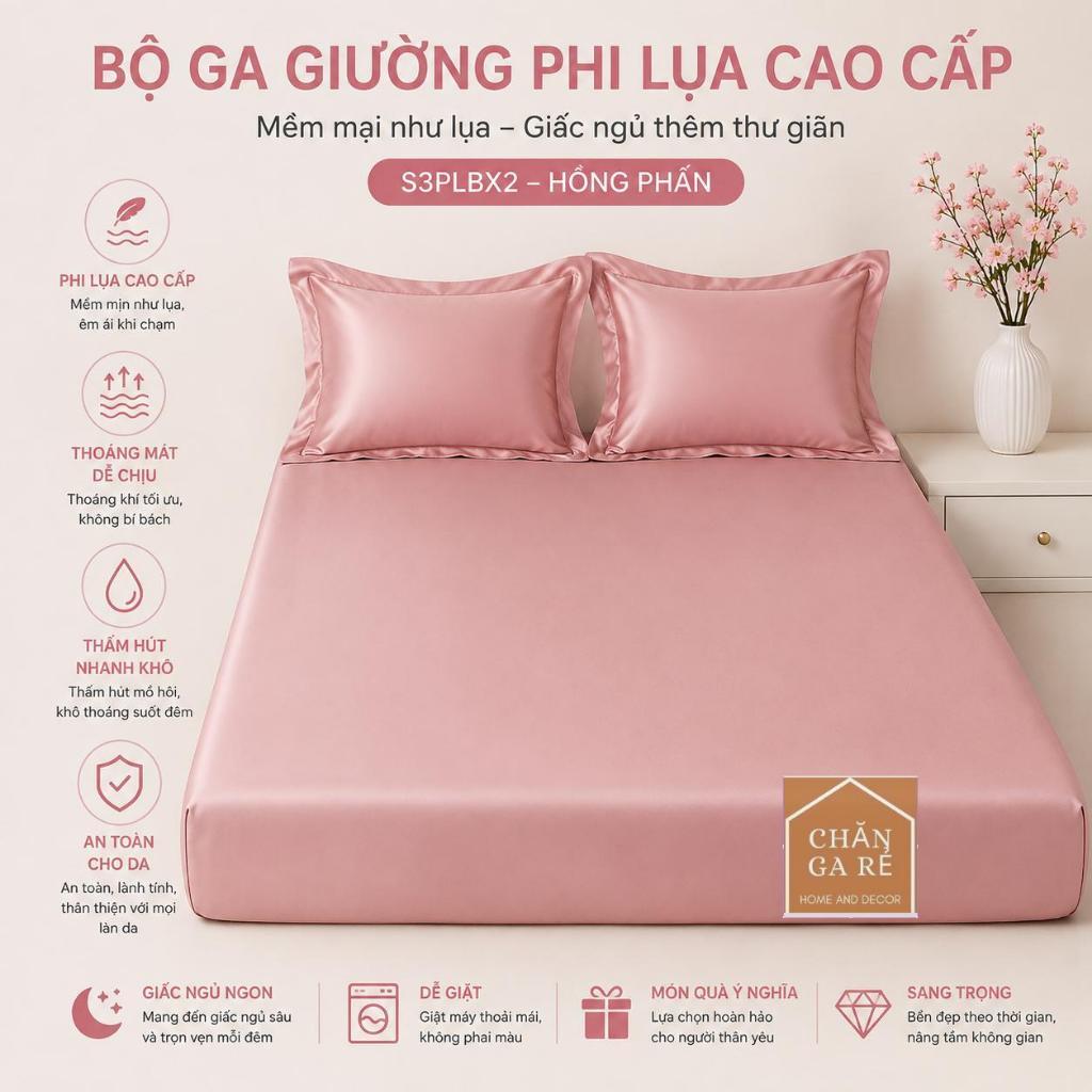 Bộ ga gối 3 món phi lụa bo chun, Set ga gối 3 món phi lụa, vải phi lụa thoáng mát, họa tiết đơn sắc 