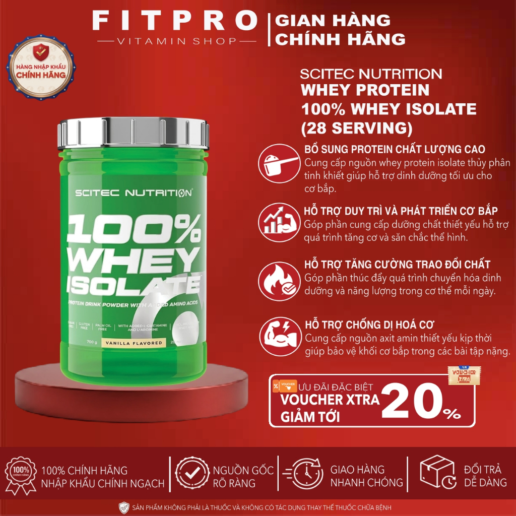 Sữa Bột Scitec Nutrition 100% Whey Protein Isolate (28 Lần Dùng), Bổ Sung Protein Isolate Tinh Khiết