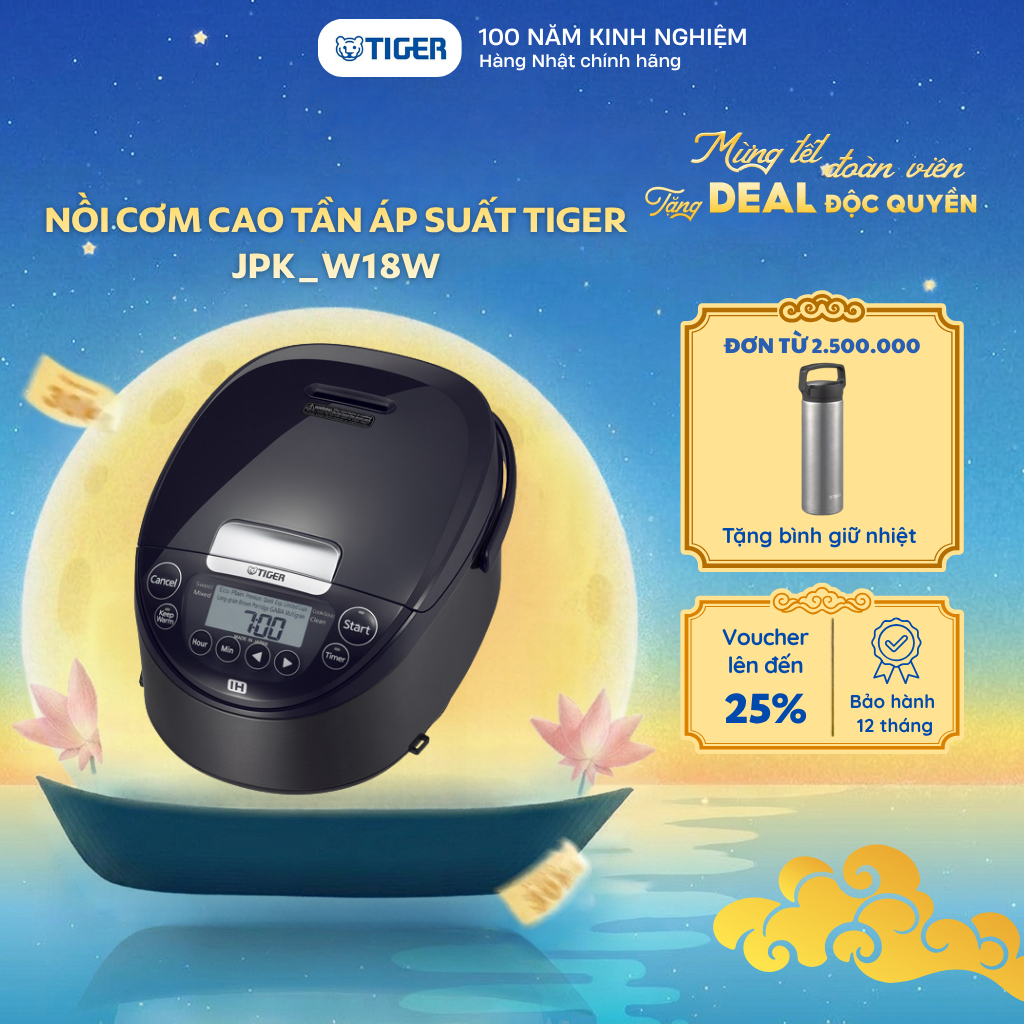 Nồi cơm điện tử cao tần áp suất Tiger 1.8 Lít - 100 năm kinh nghiệm nấu cơm- JPK-W18W - Chính hãng