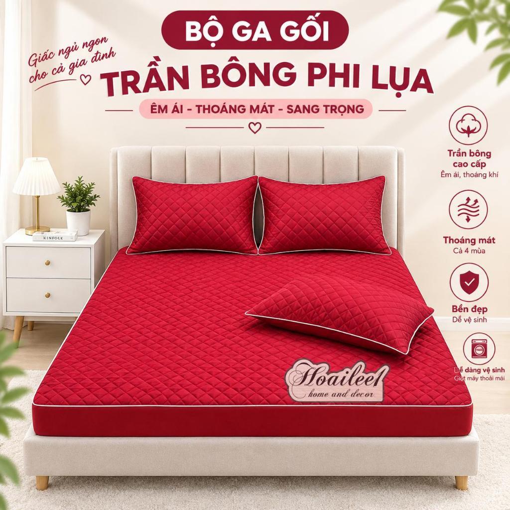 Set Ga trải giường trần bông bo chun phi lụa bộ ga gối drap giường 1 màu ga trần bông đủ kích thước 