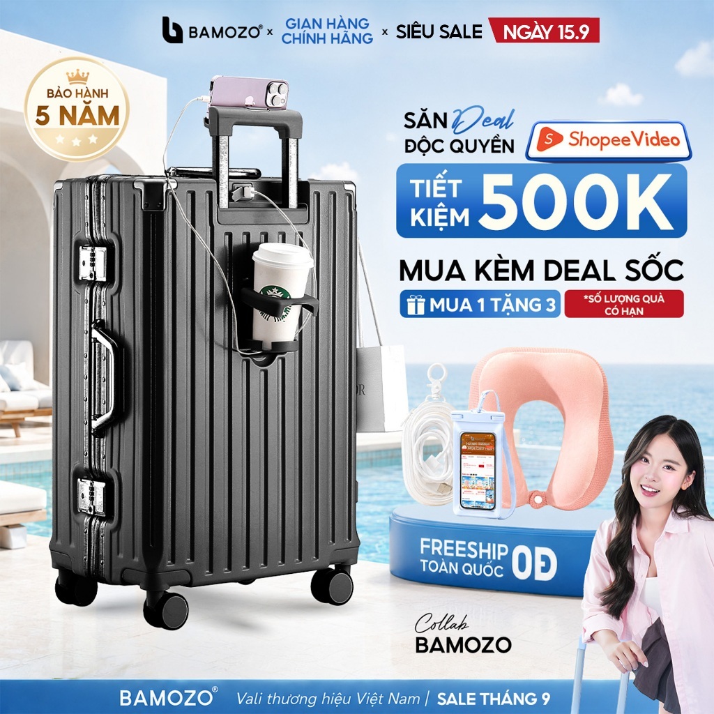 Vali Khung Nhôm Khóa Sập 9066 Bamozo Size 20/24/28 Bịt Góc Kim Loại Chống Va Đập Bảo Hành 5 Năm_9066