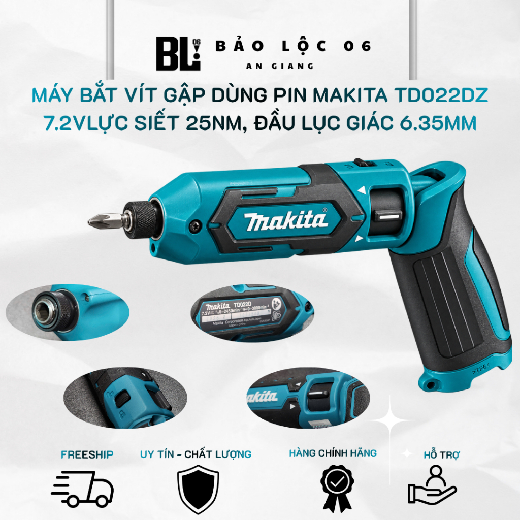 MÁY VẶN VÍT DÙNG PIN MAKITA TD022DZ 7.2V – LỰC SIẾT 25NM, ĐẦU LỤC GIÁC 6.35MM
