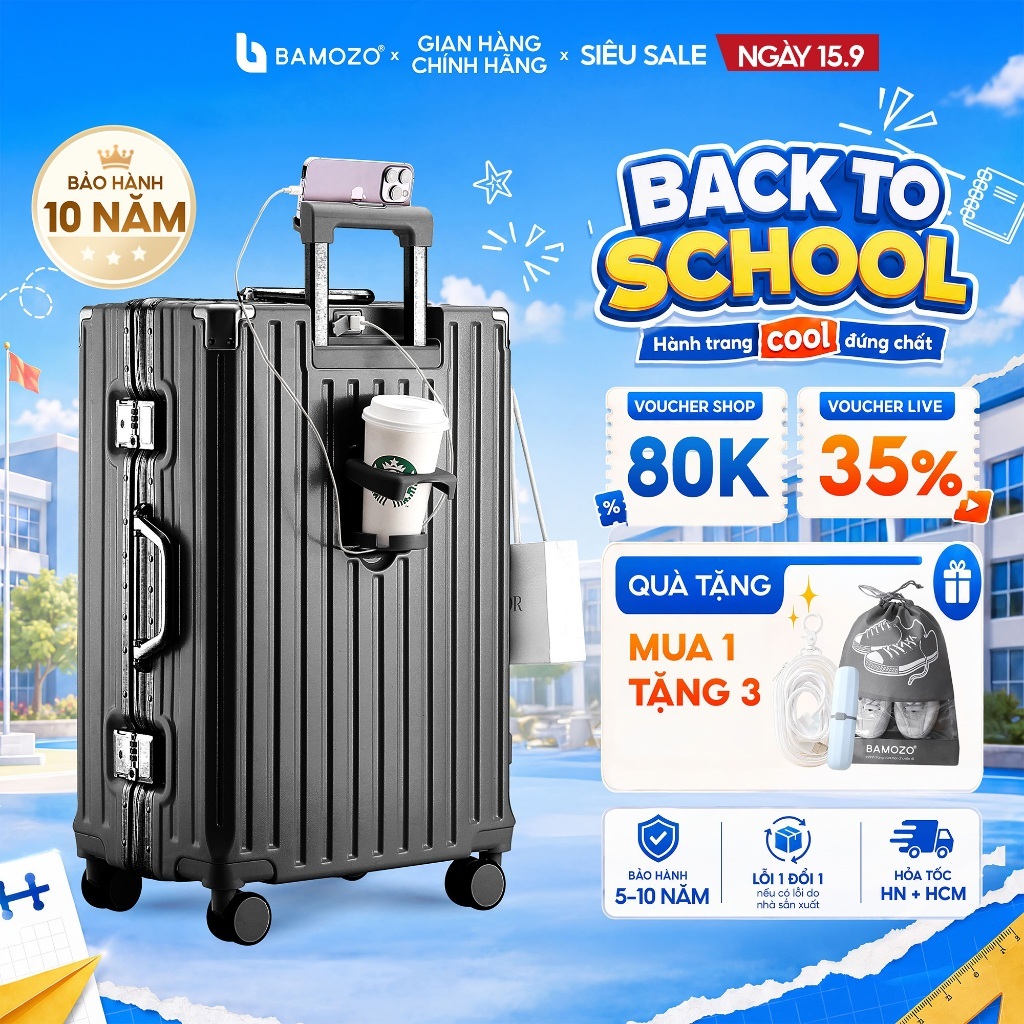 [Best Seller] Vali Khung Nhôm Khóa Sập 9066 Bamozo Size 20/24/28,Nhựa PC Cao Cấp,Bo 4 Góc Kim Loại C