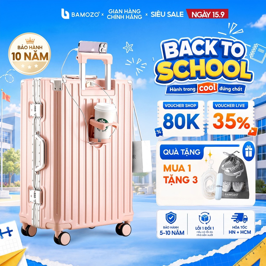 Vali 9066 Size 28 Bamozo Khung Nhôm Khoá Sập Cao Cấp Cỡ Lớn_9066