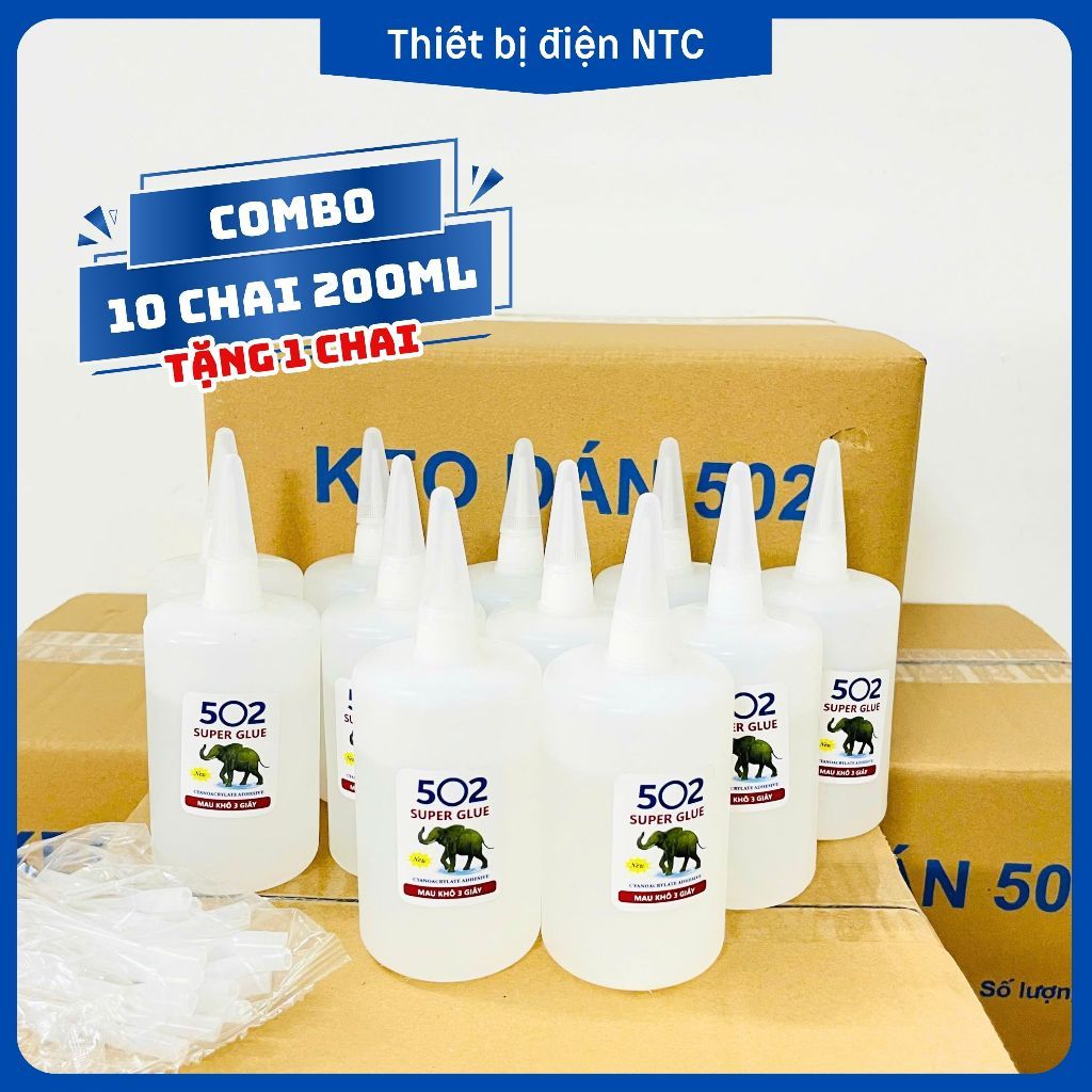 Combo 10 Chai Keo 502 Con Voi 200ml (Tặng 1) - Keo Dán Sắt, Gỗ, Nhựa Siêu Dính