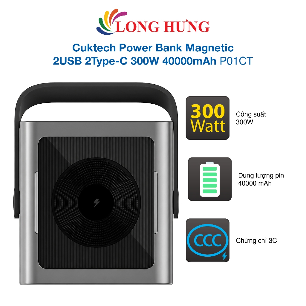 Sạc dự phòng Cuktech Power Bank Magnetic 2USB 2Type-C 300W 40000mAh P01CT - Hàng chính hãng