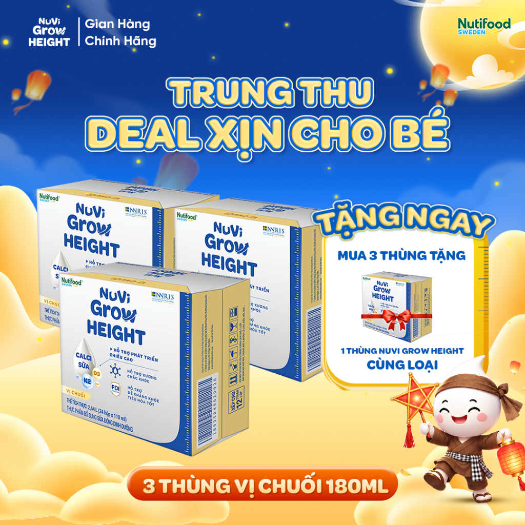 Sữa Nước Nuvi Grow Height ( 3 Thùng Tặng 1 Thùng Chuối 180ml)- Hộ Trợ Phát Triển Chiều Cao