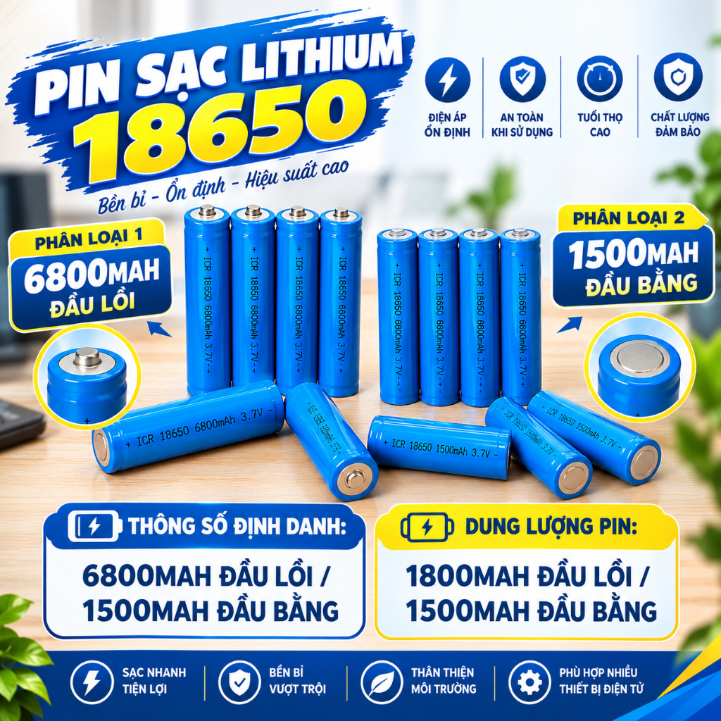 Pin sạc 18650 dung lượng 1800mAh 3.7V dùng cho đèn pin cầm tay, quạt sạc tích điện