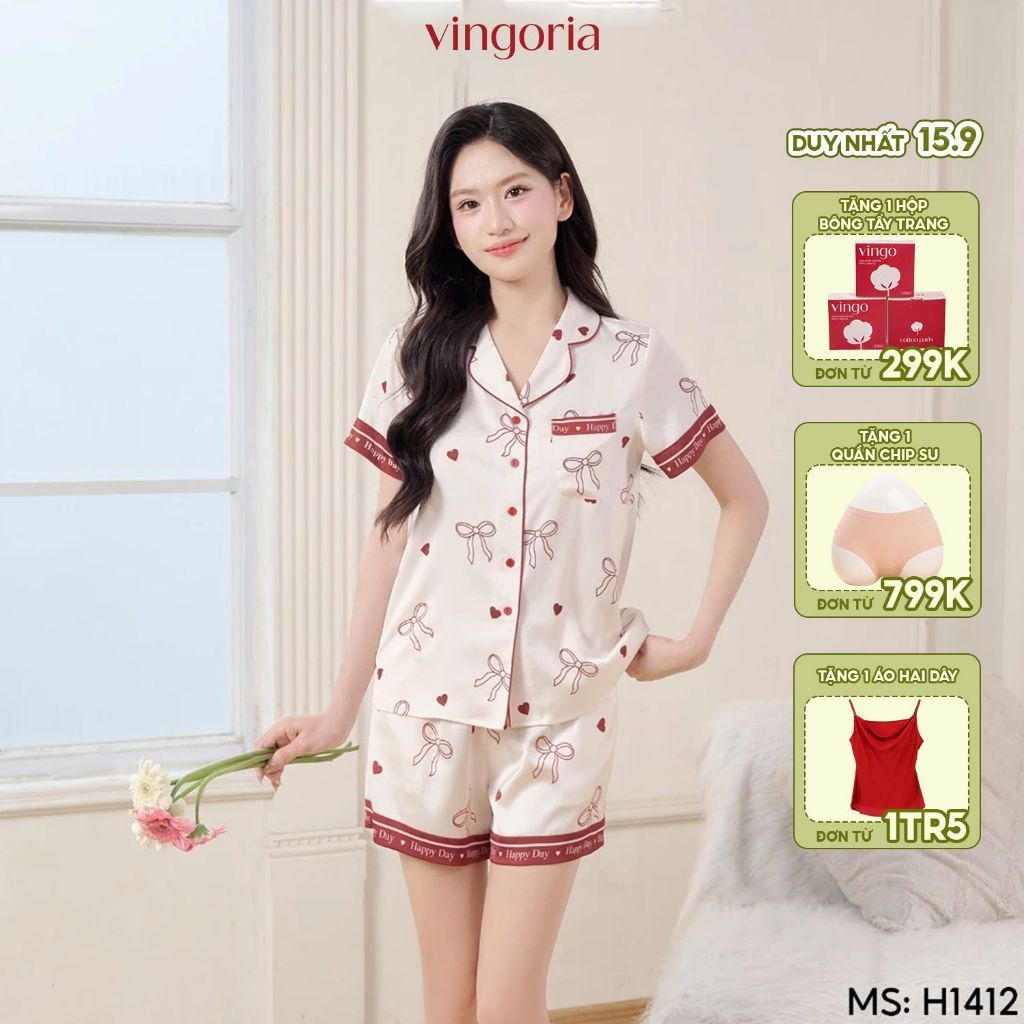Bộ đồ ngủ nữ Pijama lụa VINGO/VINGORIA tay cộc xuân hè H1412