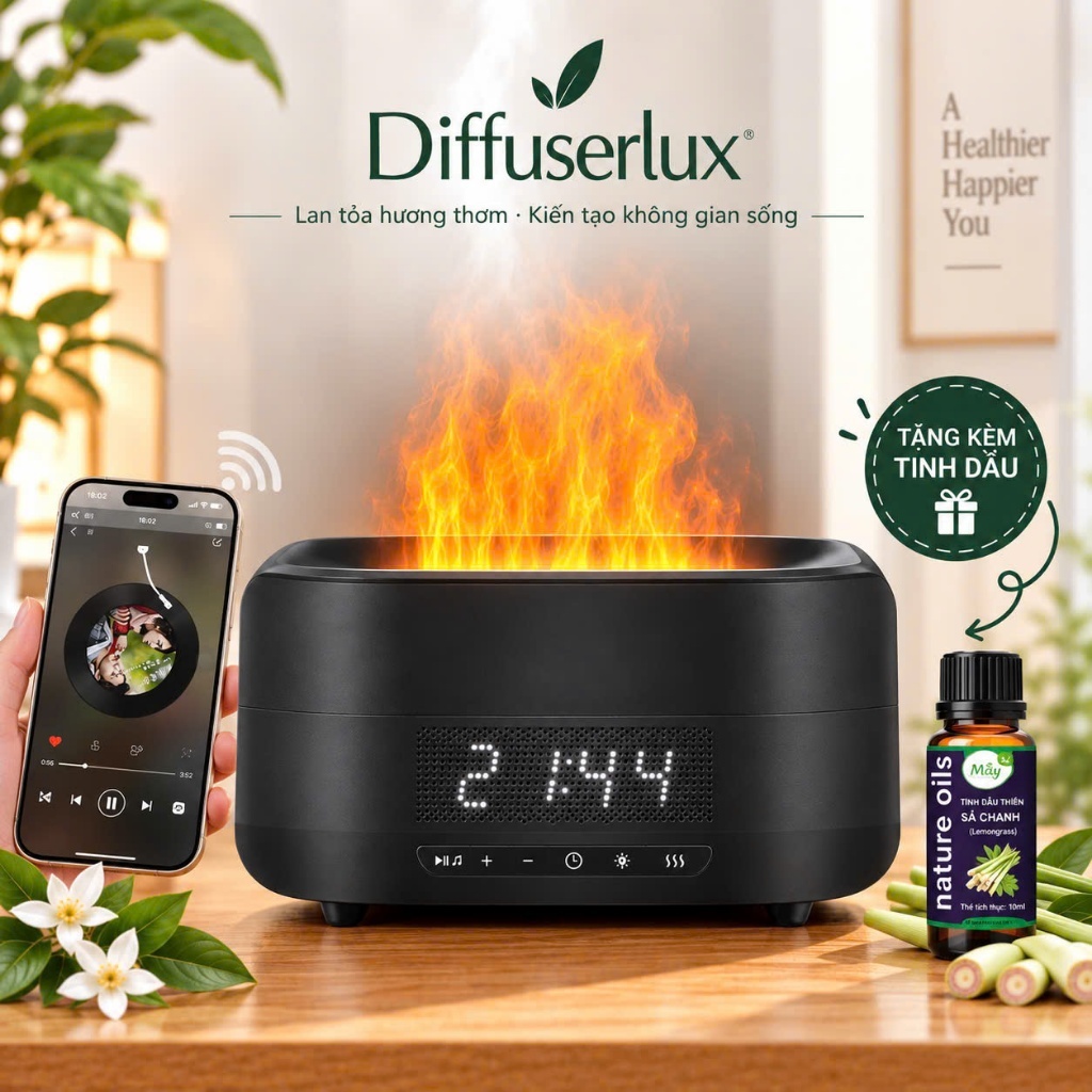 Máy xông tinh dầu Loa Bluetooth hiệu ứng ngọn lửa kiêm đồng hồ để bàn 400ml…