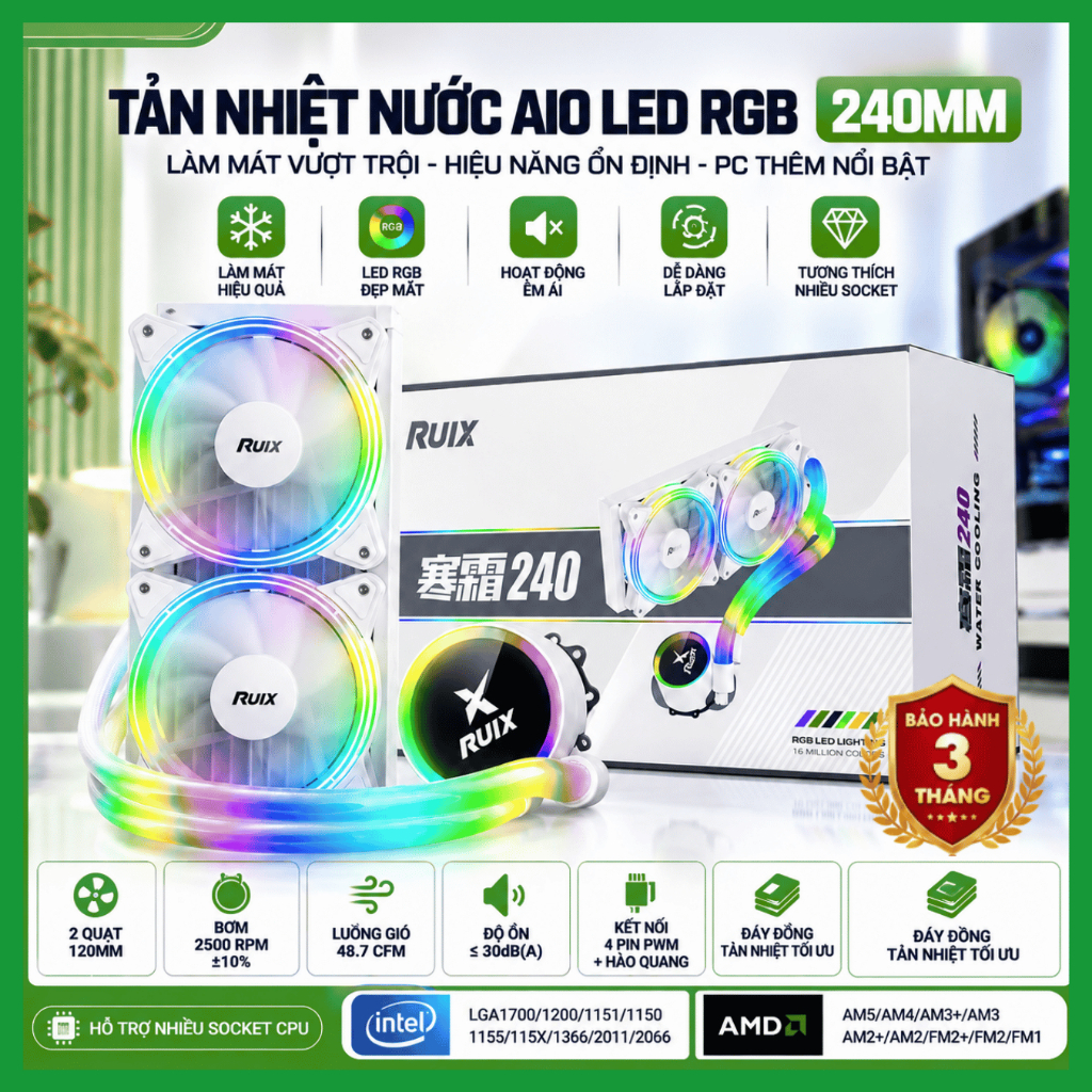 Tản Nhiệt Nước AIO Màu Trắng – Hỗ Trợ Intel LGA1700/1200/115X – AM4 – 2 Fan 120mm PWM