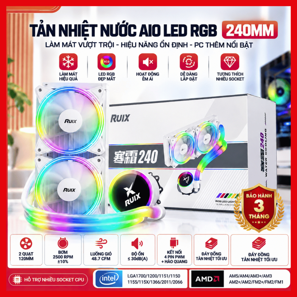 Tản Nhiệt Nước AIO Màu Trắng – Hỗ Trợ Intel LGA1700/1200/115X – AM4 – 2 Fan 120mm PWM