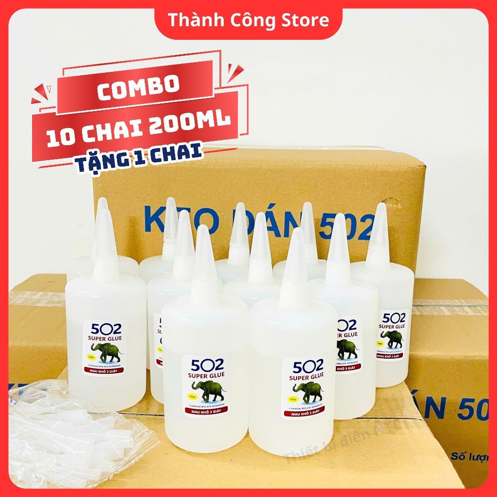 Combo 10 Chai Keo 200ml (Tặng 1) 502 Con Voi - Keo Dán Sắt, Gỗ, Nhựa Siêu Dính