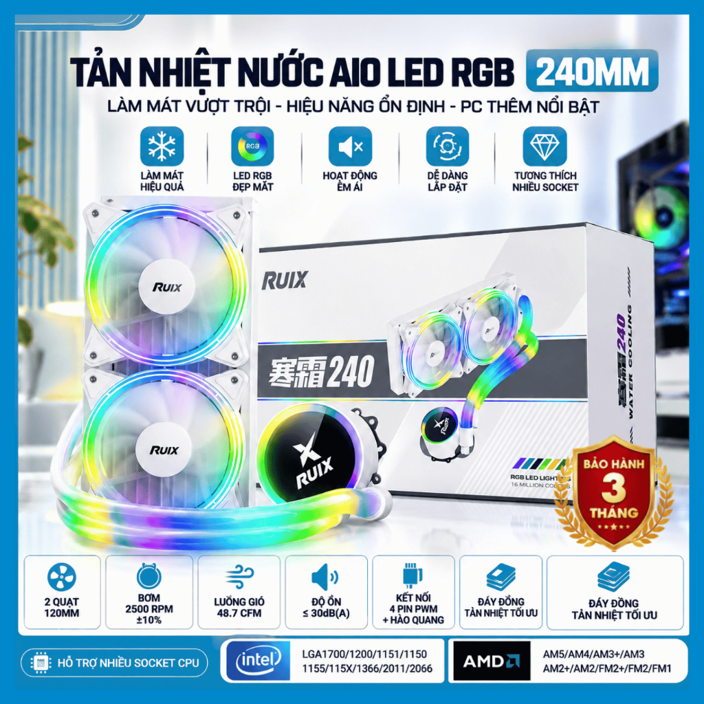 Tản Nhiệt Nước AIO Màu Trắng – Hỗ Trợ Intel LGA1700/1200/115X – AM4 – 2 Fan 120mm PWM