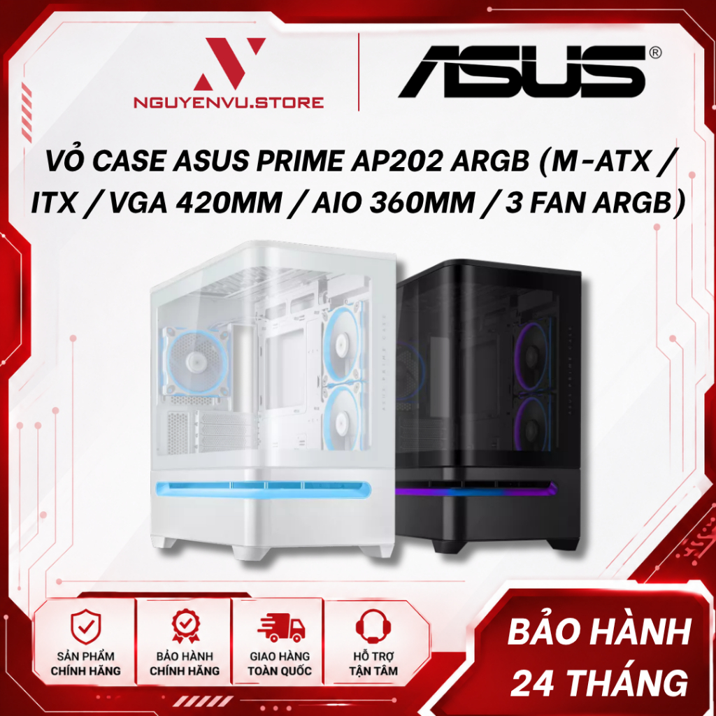 Vỏ Case ASUS Prime AP202 TG ARGB (M-ATX / ITX / VGA 420mm / AIO 360mm / 3 Fan ARGB)
