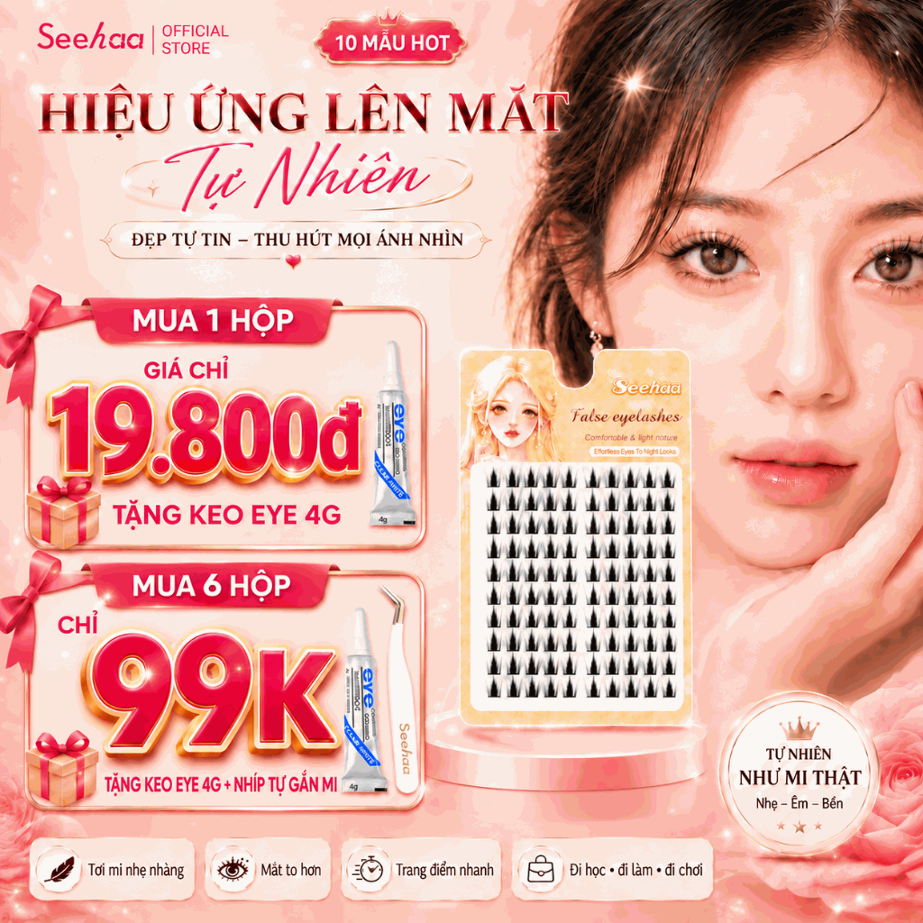99K 6 hộp Mi Giả Tự Nối SeeHaa 10 Hàng, Mi Cụm Tự Nhiên Siêu Nhẹ Dễ Gắn Tại Nhà, 10 Kiểu Mi, Phù Hợp