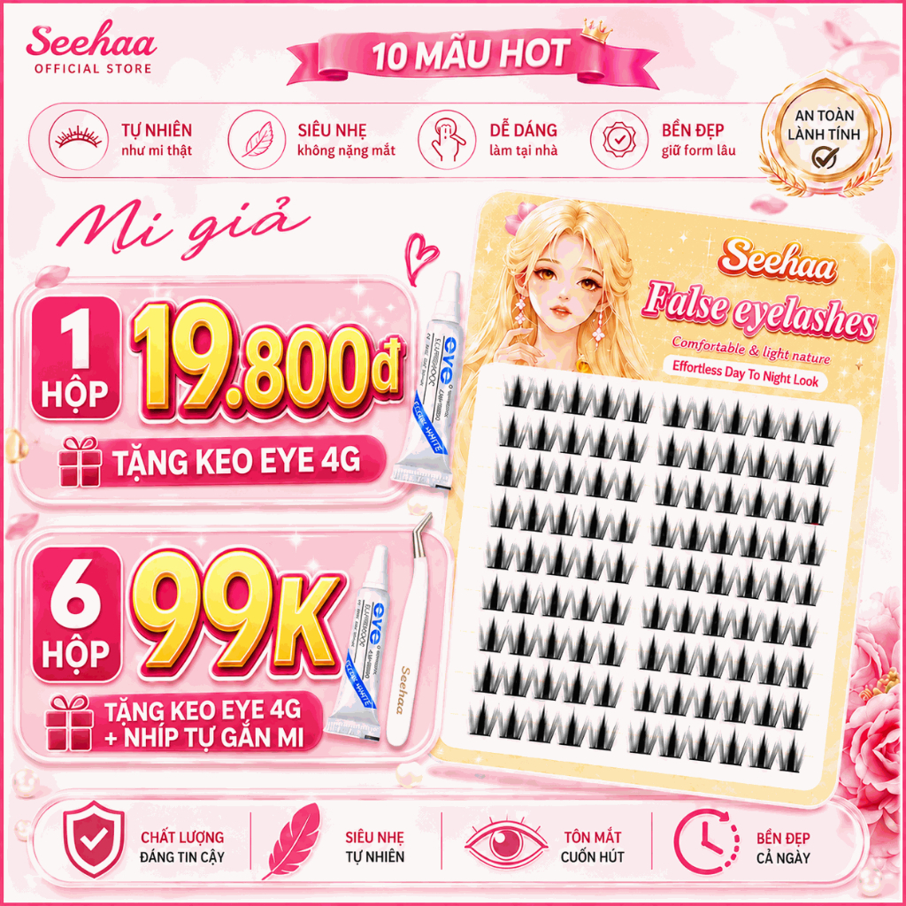 99K 6 hộp SEEHAA Mi Giả Cụm Cao Cấp 10 Mẫu F001-F010 | Mi Nối DIY Tự Nhiên Siêu Mỏng | Cluster Lashe