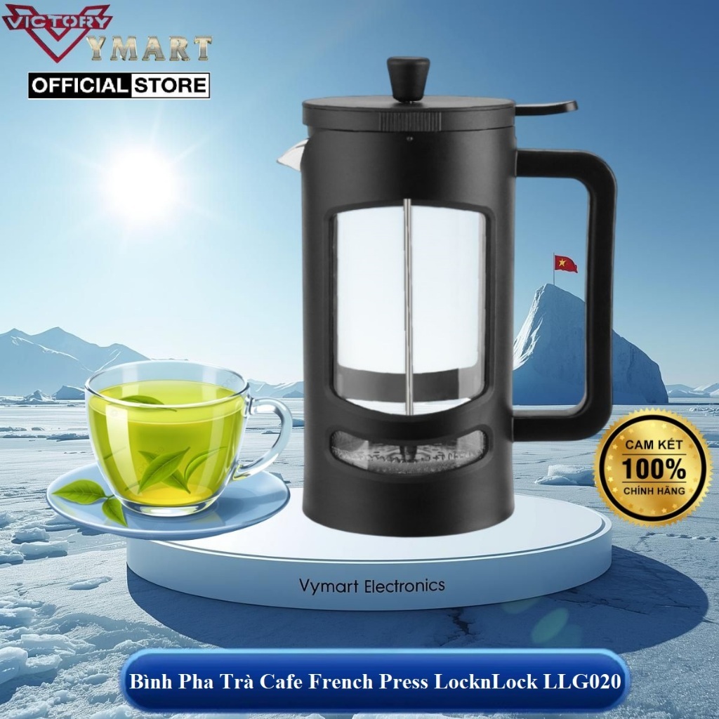 Bình Pha Trà Pha Cafe French Press LocknLock LLG020 - 1L, LLG018 - 800ml Thân Thủy Tinh Brosilicate