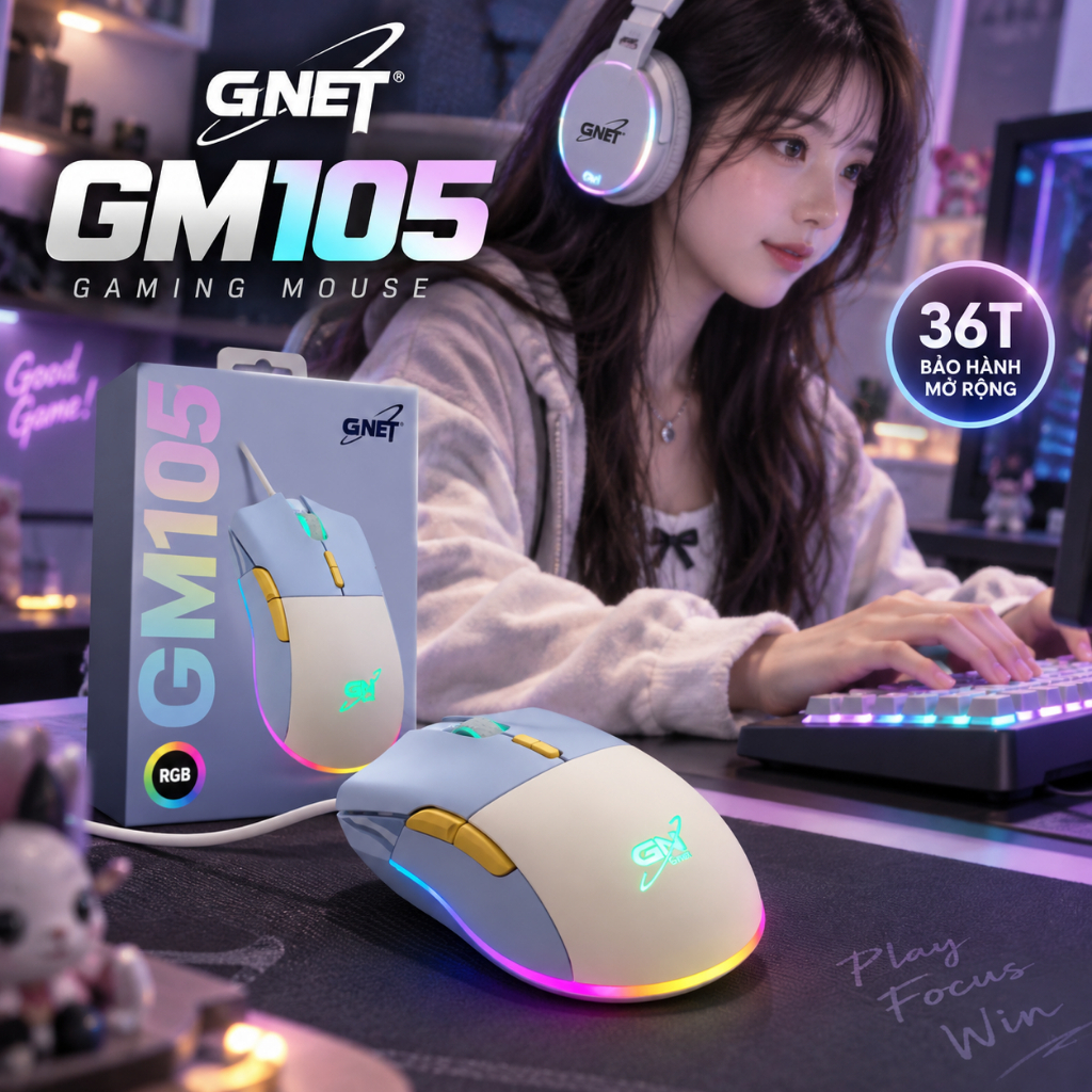 Chuột G-NET GM105 RGB chính hãng, cảm biến 3327D, DPI 800–12400, 50 triệu lượt nhấn, phù hợp gaming