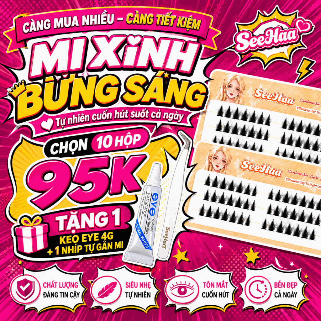 99K 10 HỘP Mi Giả Tự Nối SeeHaa 3 Hàng Mini Du Lịch, Mi Từng Cụm Tự Dán Tại Nhà, Mỏng Nhẹ Tự Nhiên, 