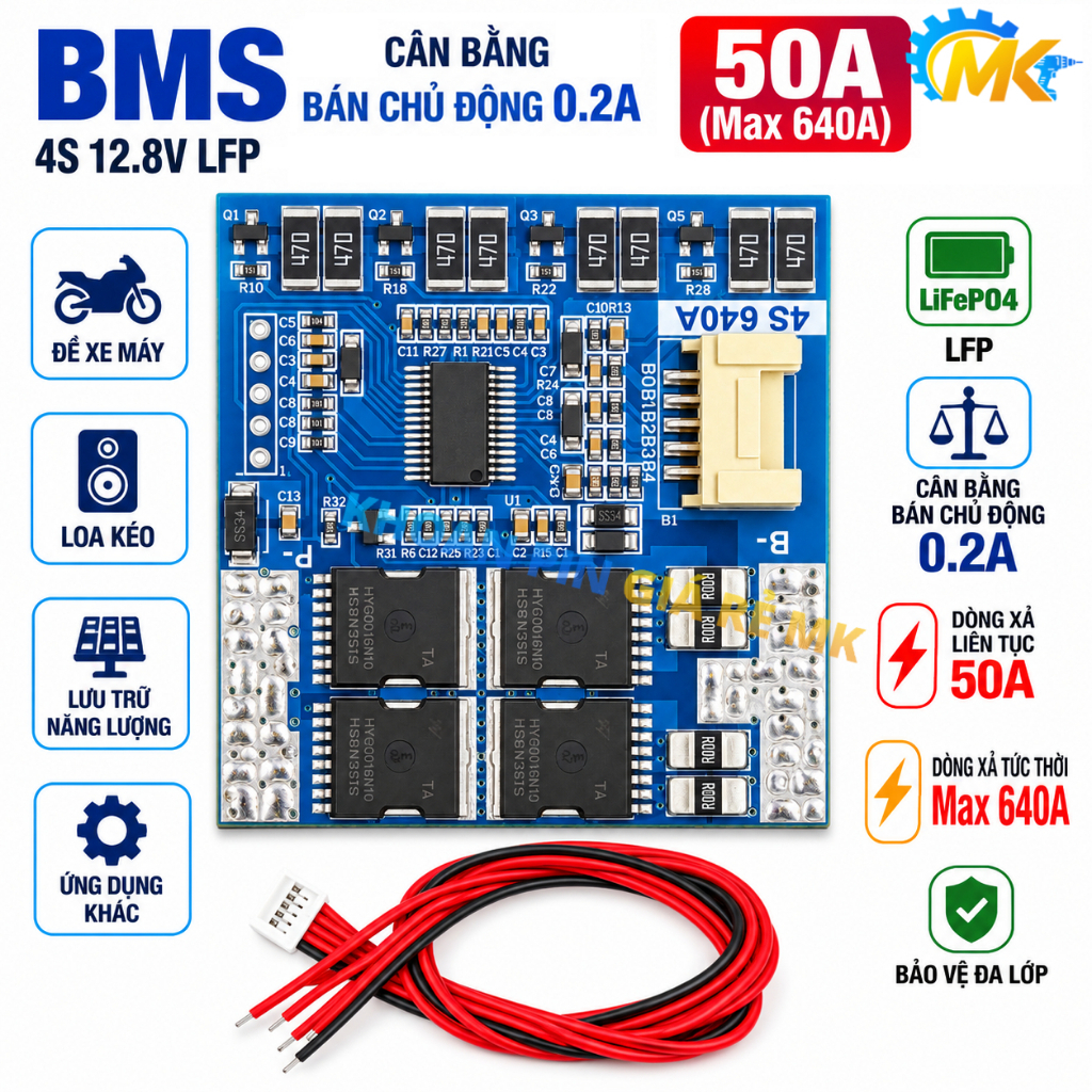 Mạch BMS 4S 50A (640A) 12.8V bảo vệ pin sắt LiFePO4 3.2V cân bằng bán chủ động 0.2A đề xe máy (BMS-D